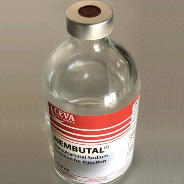 A clear glass vial of Nembutal 100mg-Pentobarbital Sodium liquid solution marked "50 mg/mL," placed on a sterile surface.